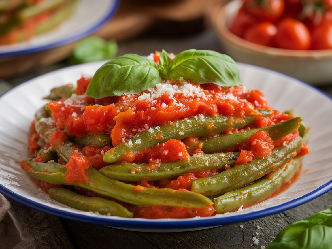 A serving of Fagiolini al Pomodoro with green beans in tomato sauce garnished with basil and Parmesan on a rustic table.